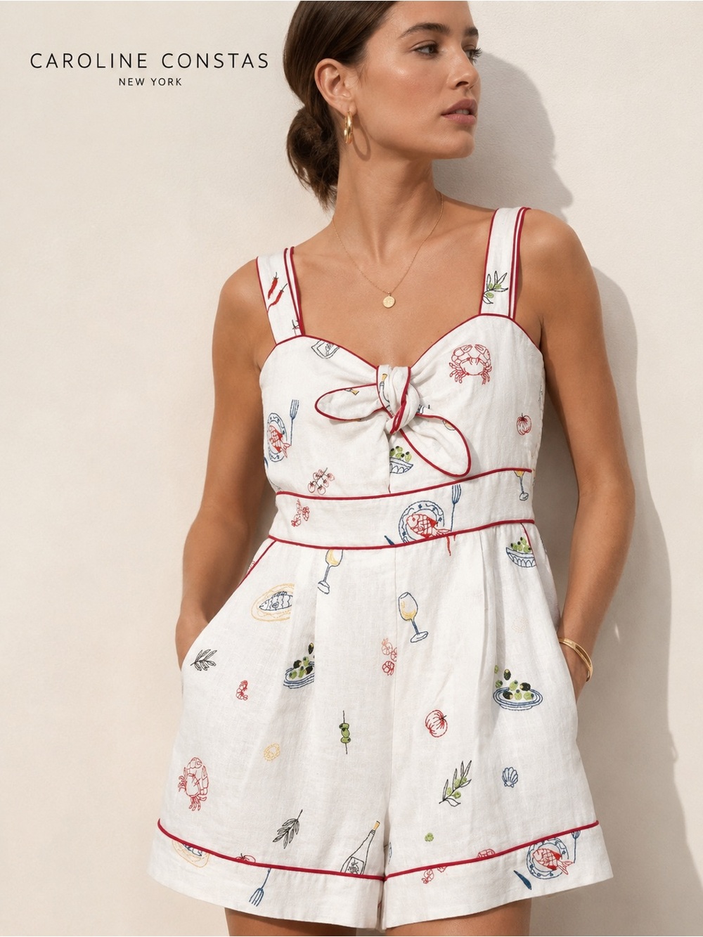 Caroline Constas Cream Linen Romper with Red Trim and Multicolor Embroidery - Picture 1 of 10